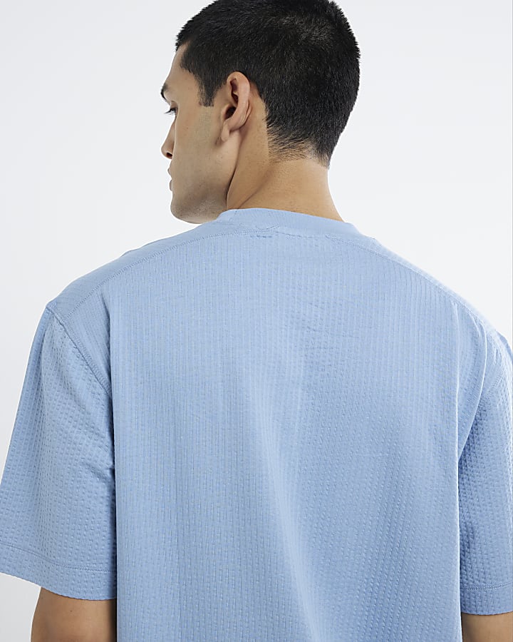 Blue Regular Fit Seersucker T-Shirt