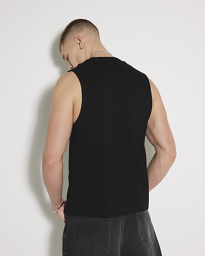 Black Regular Fit Ribbed Tank Top