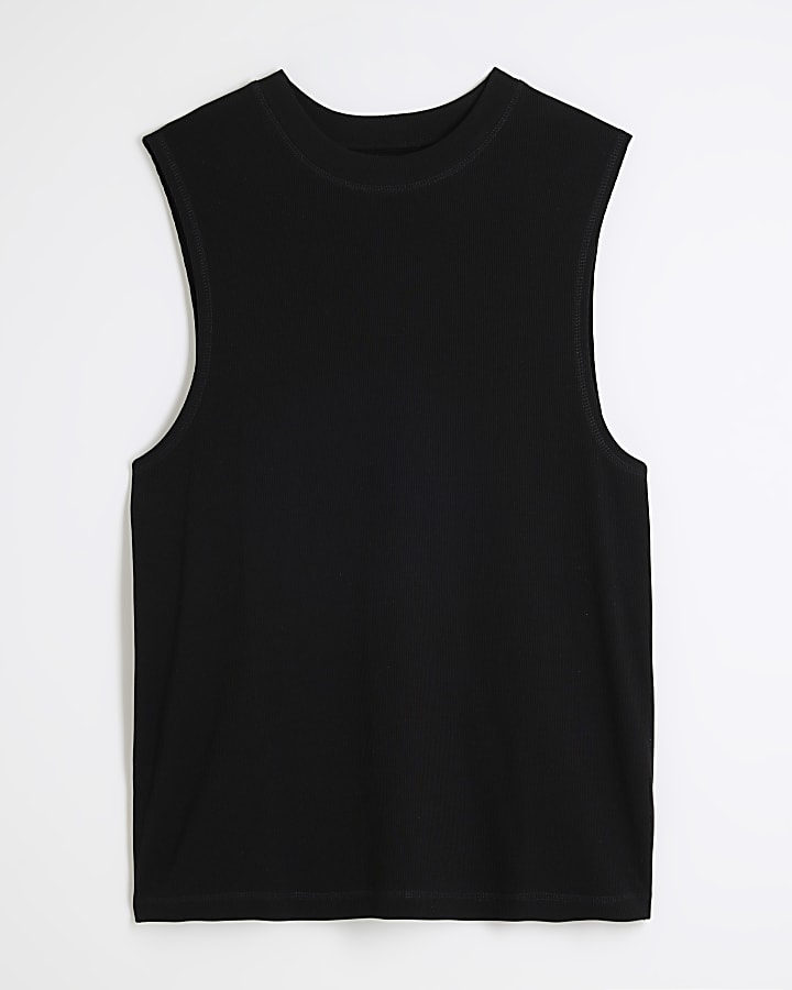 Black Regular Fit Ribbed Tank Top