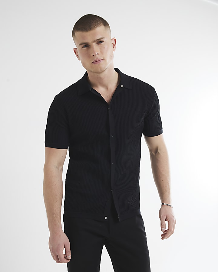 Black muscle fit brick pointelle shirt