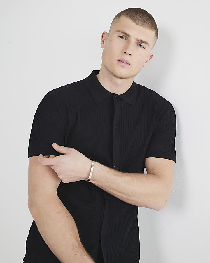 Black muscle fit brick pointelle shirt