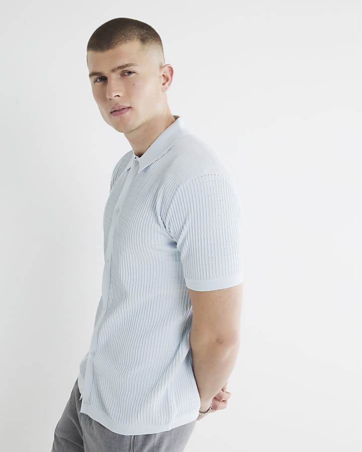 Blue muscle fit brick pointelle shirt