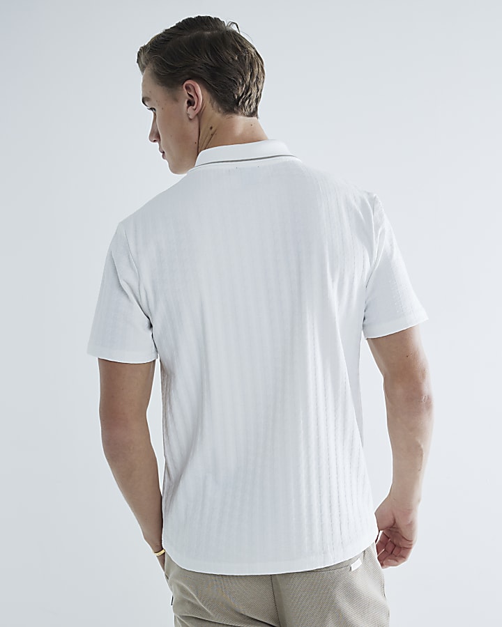 White Slim Fit Dogtooth Textured Polo Shirt