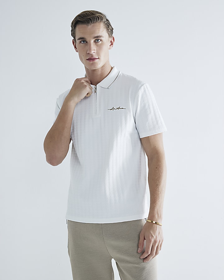 White Slim Fit Dogtooth Textured Polo Shirt