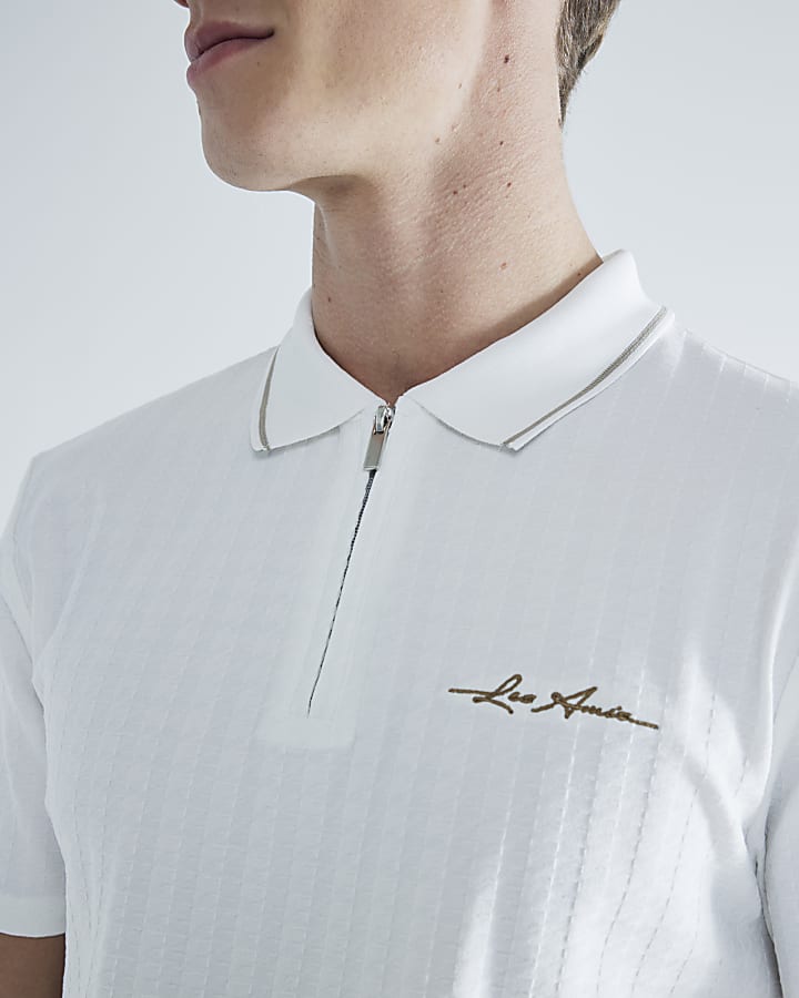 White Slim Fit Dogtooth Textured Polo Shirt