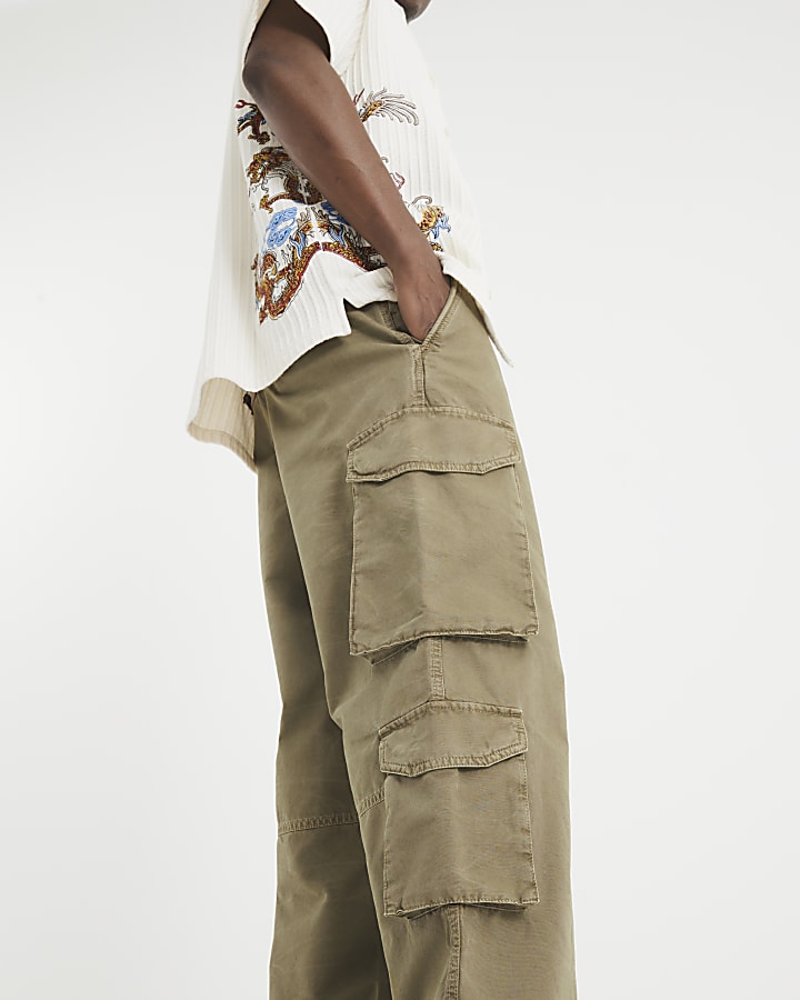 Khaki Loose Fit Denim Cargo Trousers