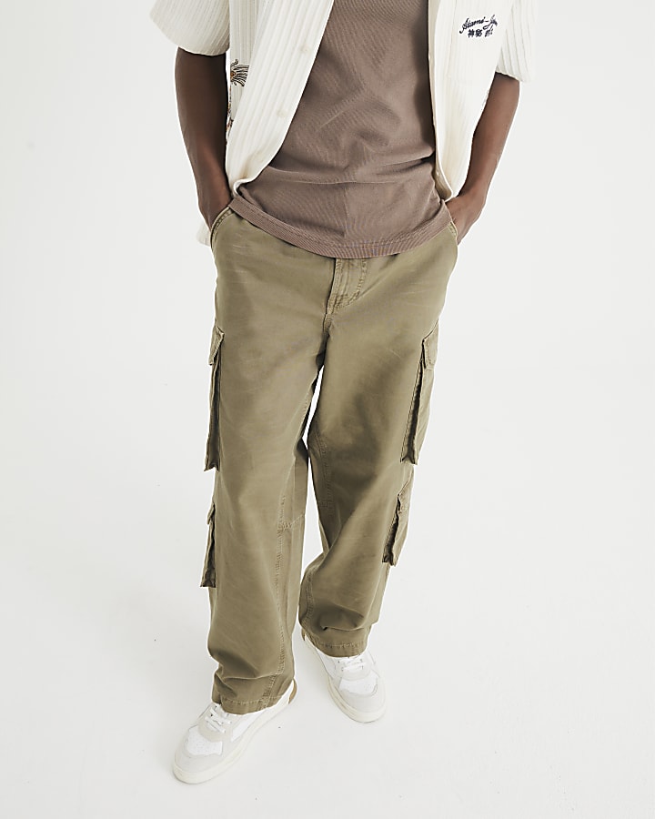 Khaki Loose Fit Denim Cargo Trousers