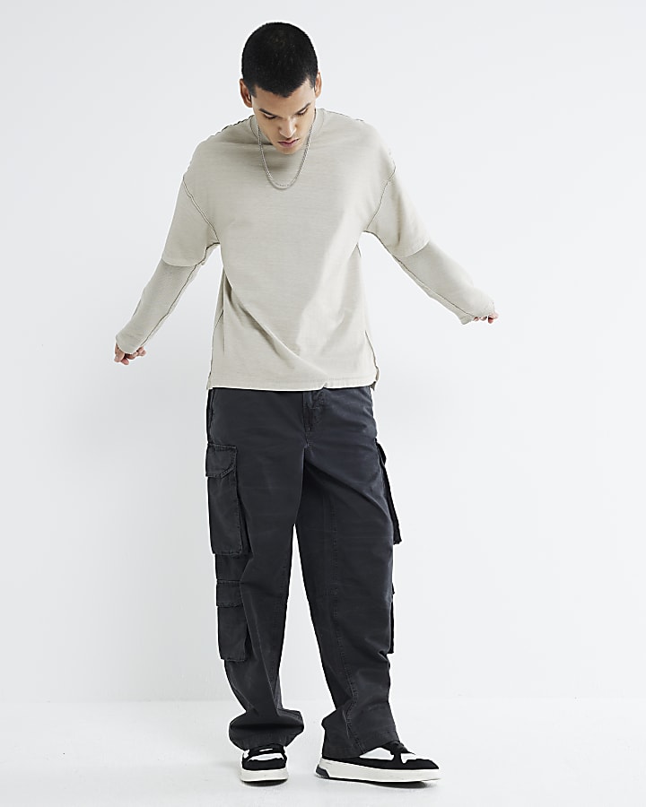 Black Denim Loose Fit Cargo Trousers