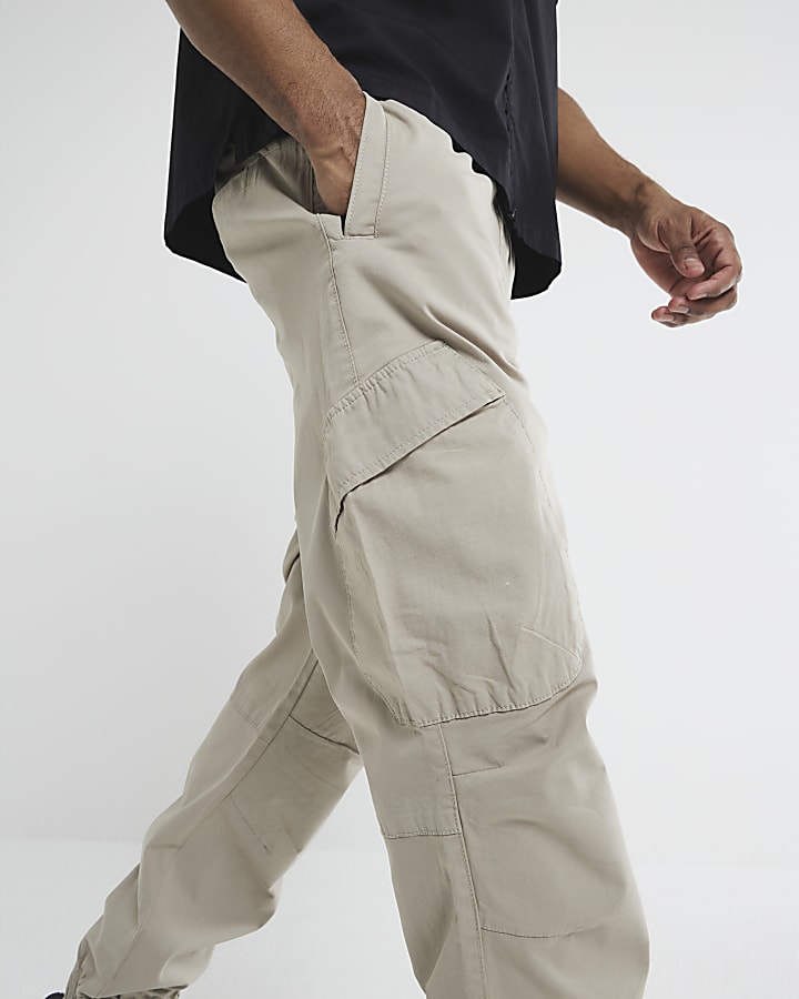 Beige Regular Fit Cuffed Cargo Trousers