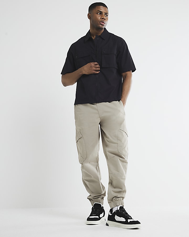 Beige Regular Fit Cuffed Cargo Trousers