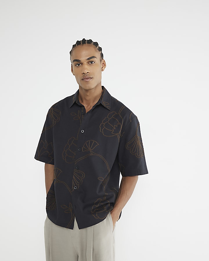 Black Oversized Fit Embroidered Rope Shirt