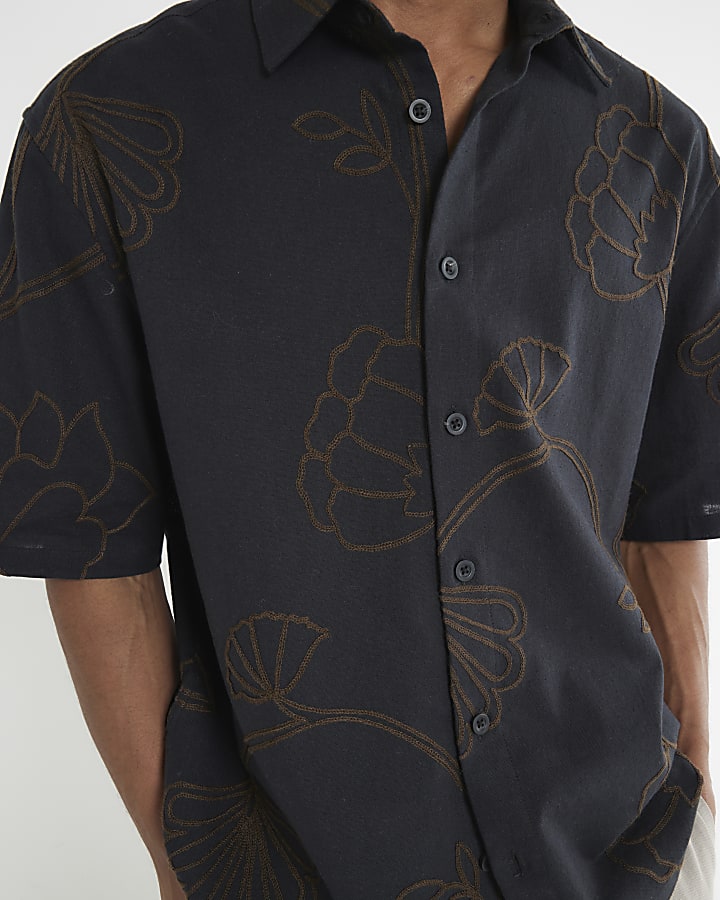 Black Oversized Fit Embroidered Rope Shirt