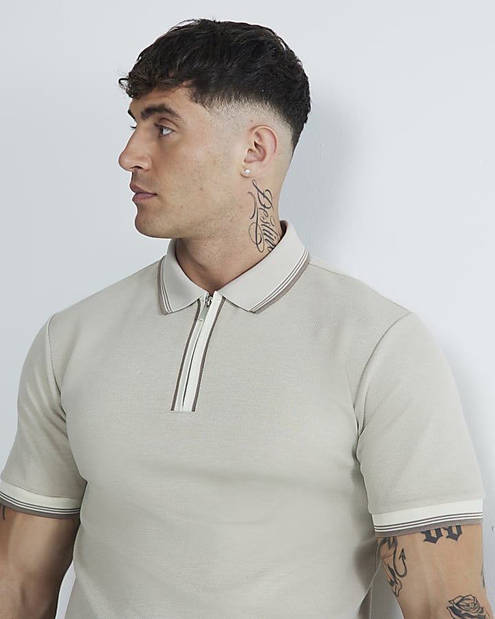 Stone Slim Fit Pique Tipped Polo Shirt