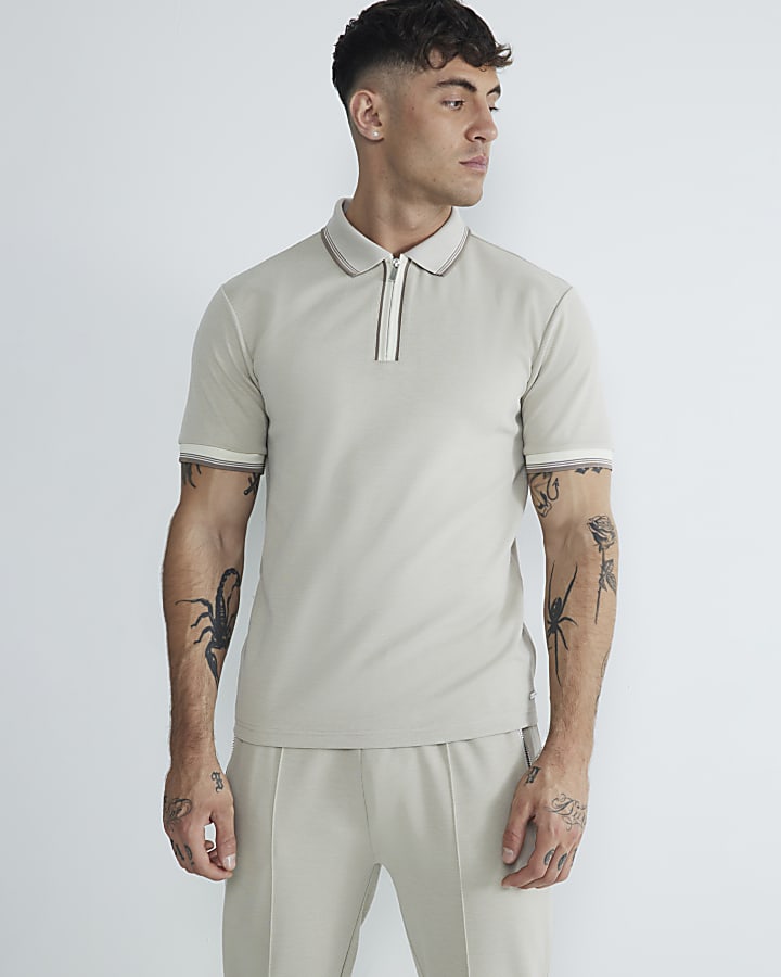 Stone Slim Fit Pique Tipped Polo Shirt