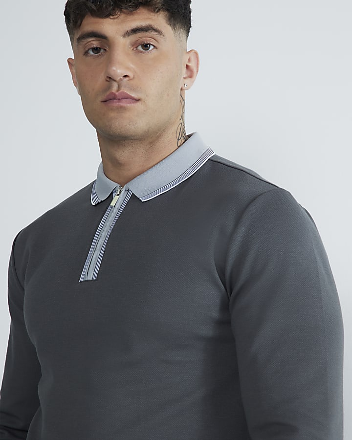 Grey Slim Fit Pique Tipped Polo Shirt