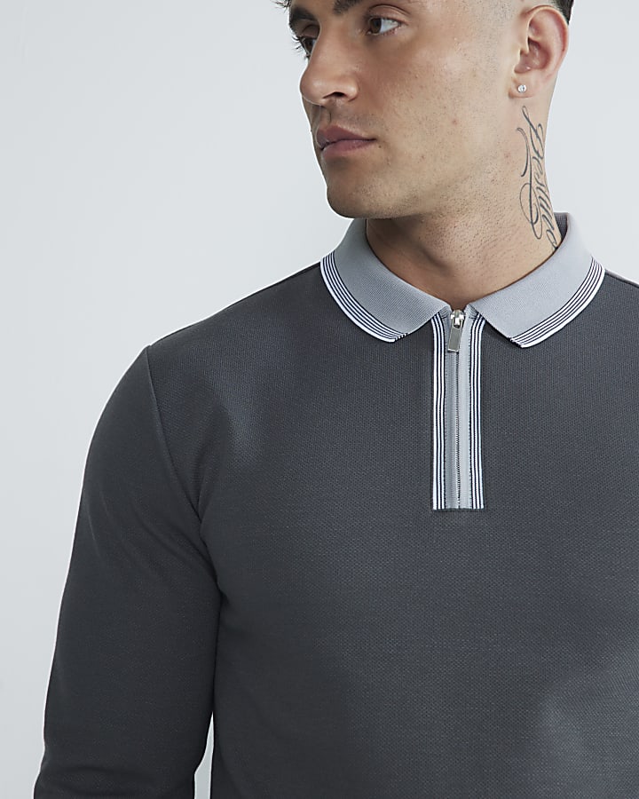 Grey Slim Fit Pique Tipped Polo Shirt