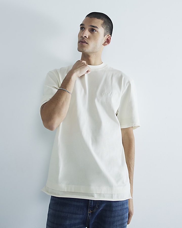 Beige Regular Fit Raw Hem T-Shirt