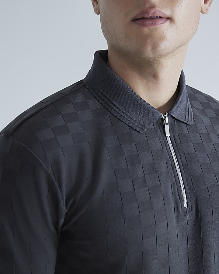 Grey Slim Fit Checkerboard Polo Shirt