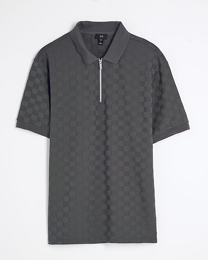 Grey Slim Fit Checkerboard Polo Shirt