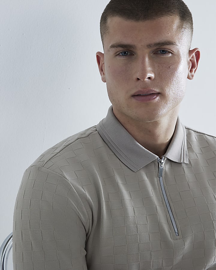Beige Slim Fit Checkerboard Polo Shirt