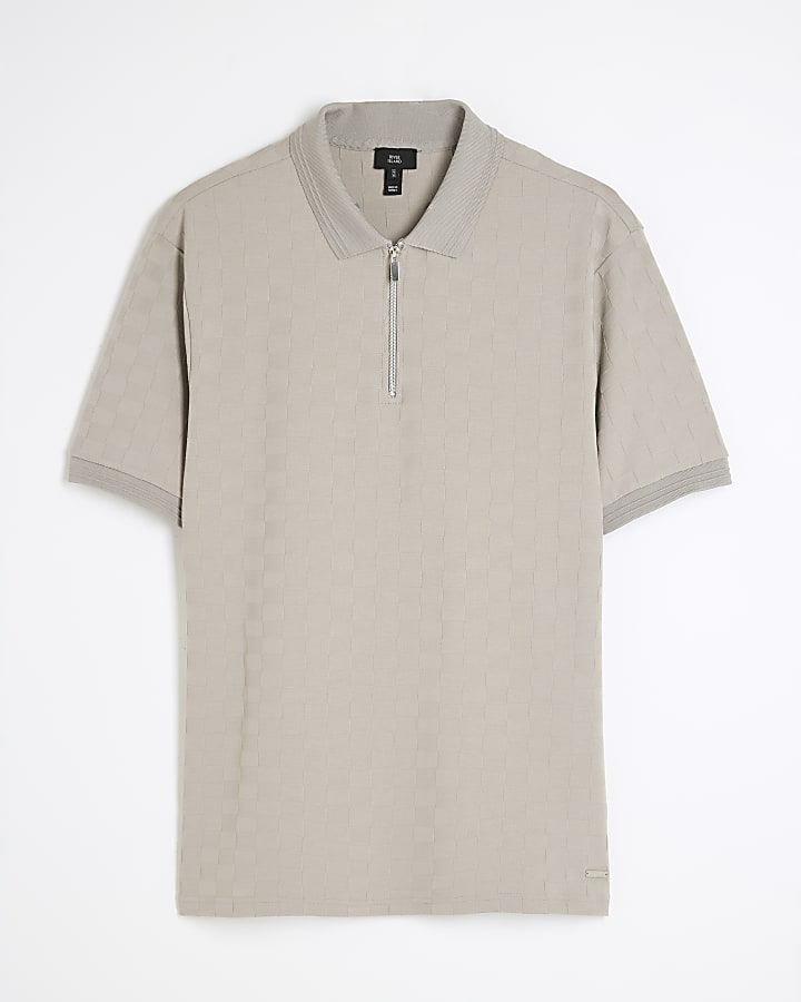 Beige Slim Fit Checkerboard Polo Shirt