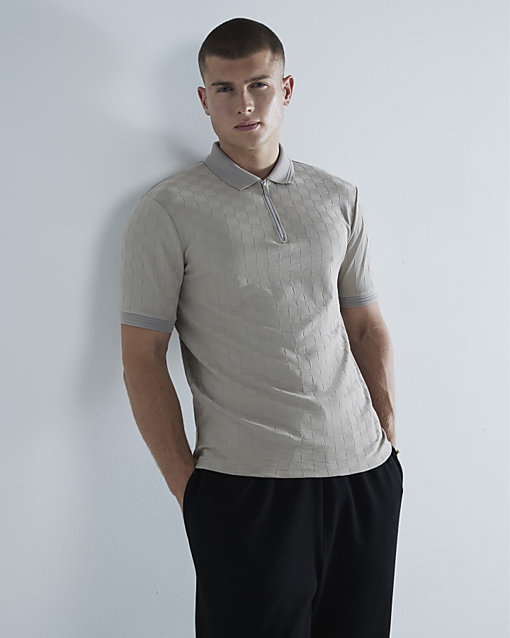 Beige Slim Fit Checkerboard Polo Shirt