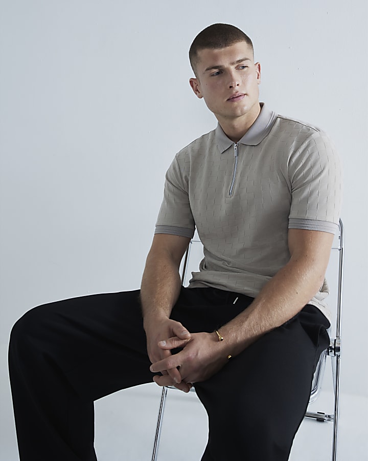 Beige Slim Fit Checkerboard Polo Shirt