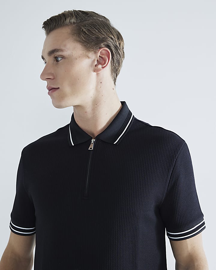 Black Slim Fit Quilt Tipped Polo Shirt