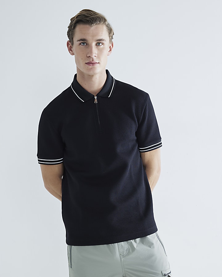 Black Slim Fit Quilt Tipped Polo Shirt