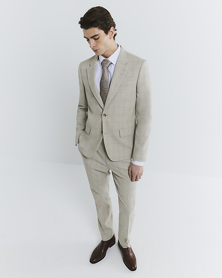 Beige Check Suit Trousers