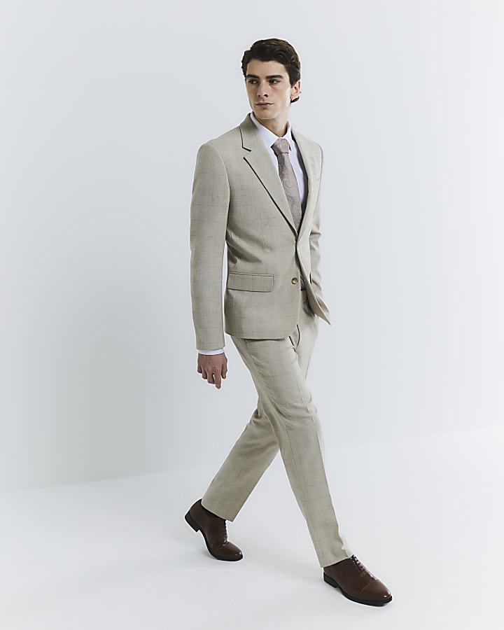 Beige Check Suit Trousers