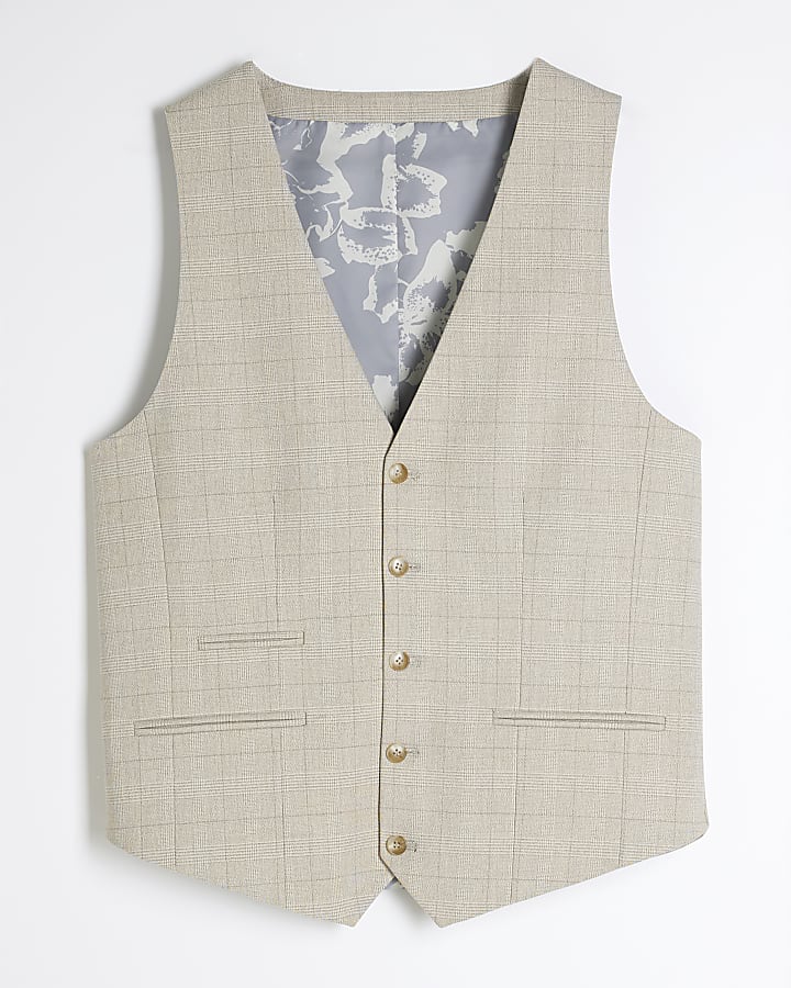 Beige Check Slim Waistcoat