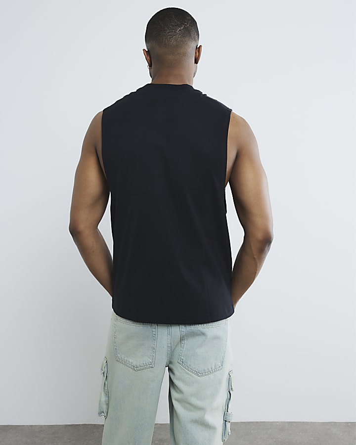 Black Regular Fit Embroidered Tank Top