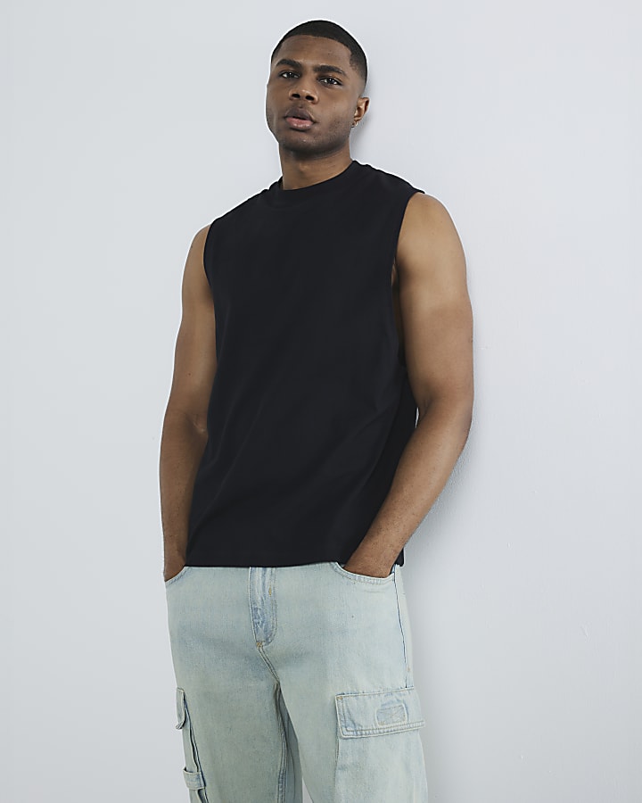 Black Regular Fit Embroidery Tank Top