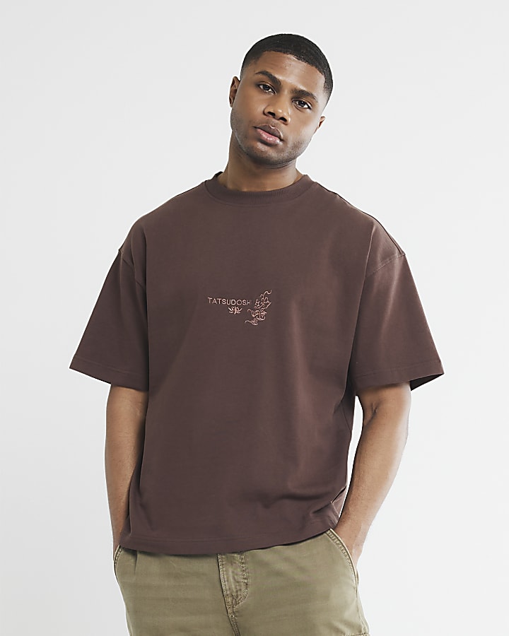 Brown Boxy Fit Dragon Tattoo T-Shirt