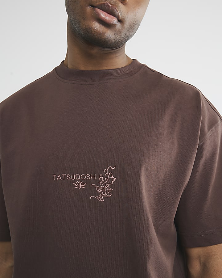 Brown Boxy Fit Dragon Tattoo T-Shirt