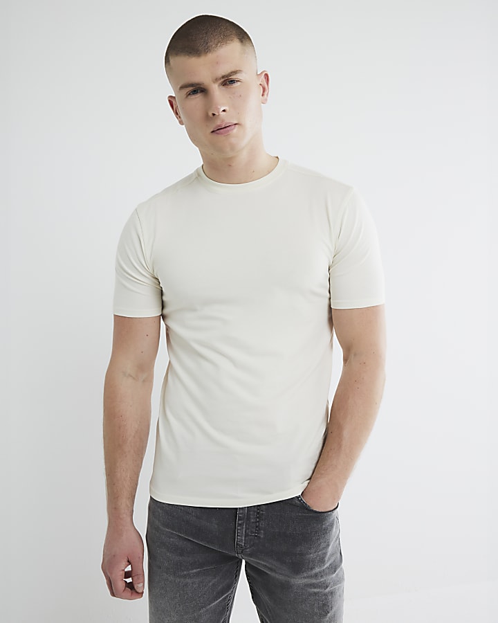 Beige Plain Muscle Fit T-shirt