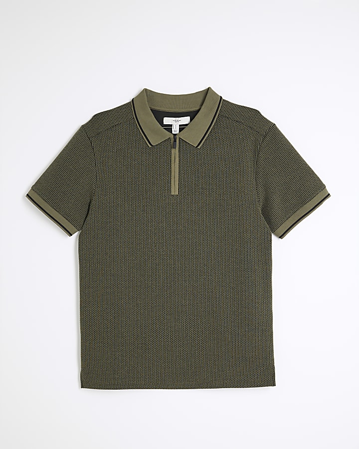 Khaki Slim Fit Geometric Zip Polo Shirt