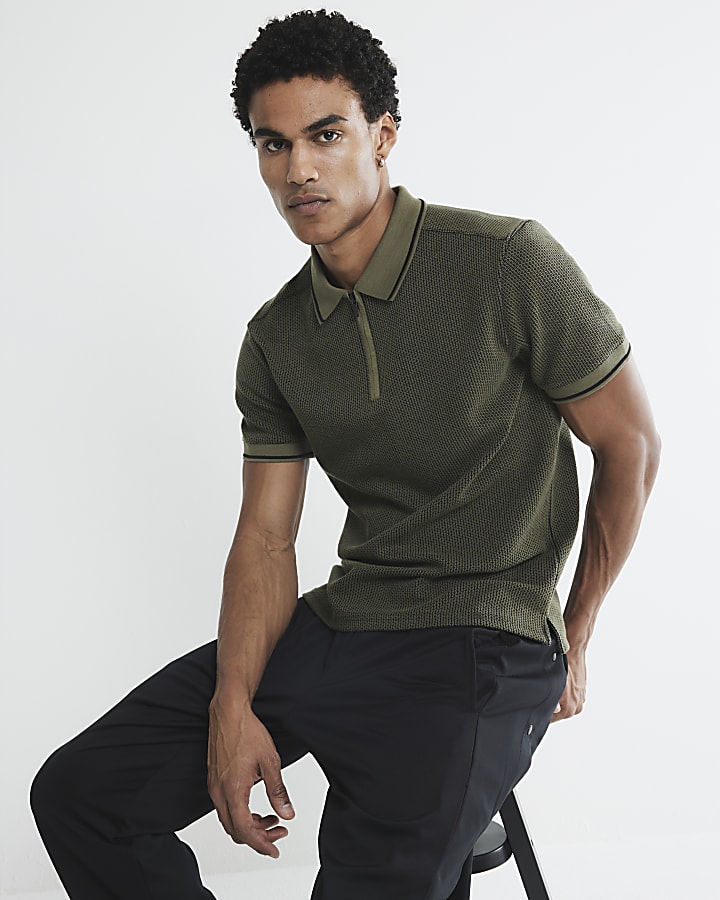 Khaki Slim Fit Geometric Zip Polo Shirt