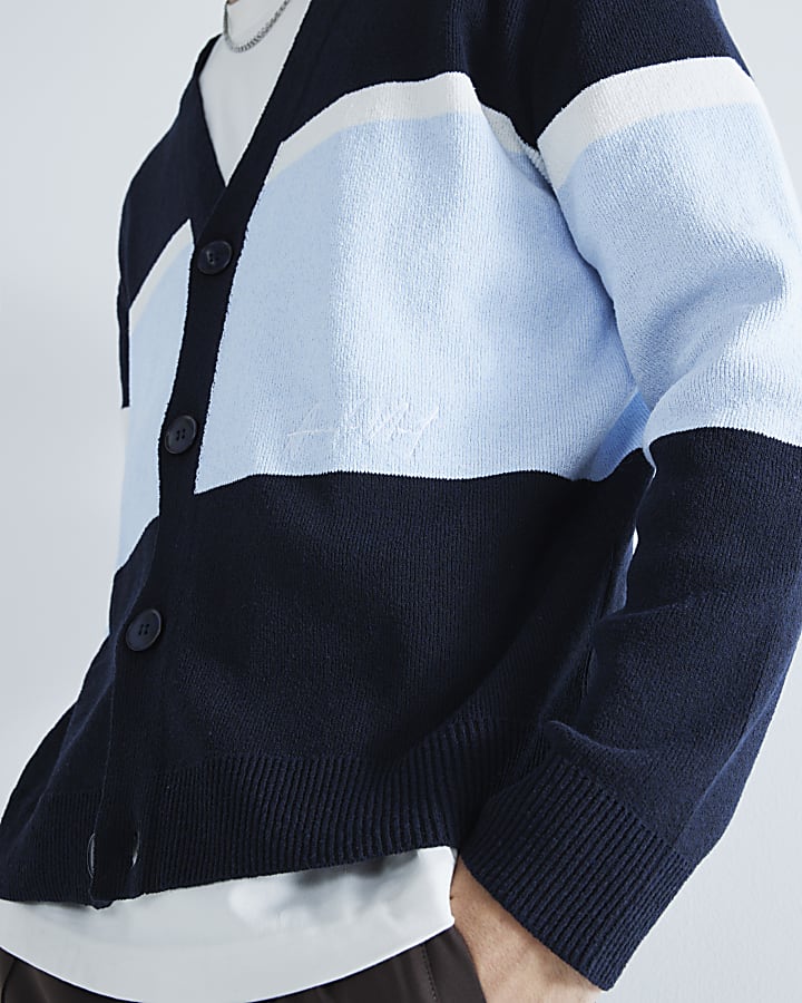 Navy Boxy Fit Colour Block Cardigan