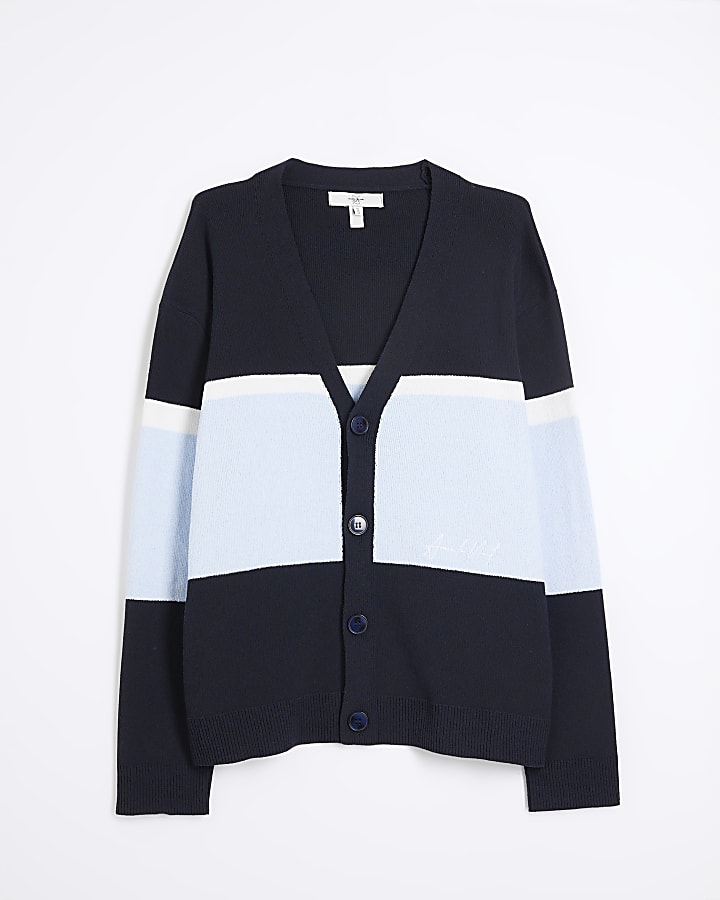 Navy Boxy Fit Colour Block Cardigan