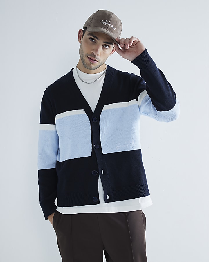 Navy Boxy Fit Colour Block Cardigan