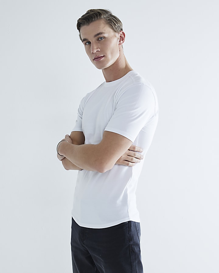 White Muscle Fit Curved Hem T-Shirt