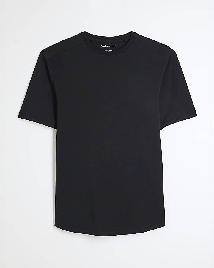 Black Muscle Fit Curved Hem T-Shirt