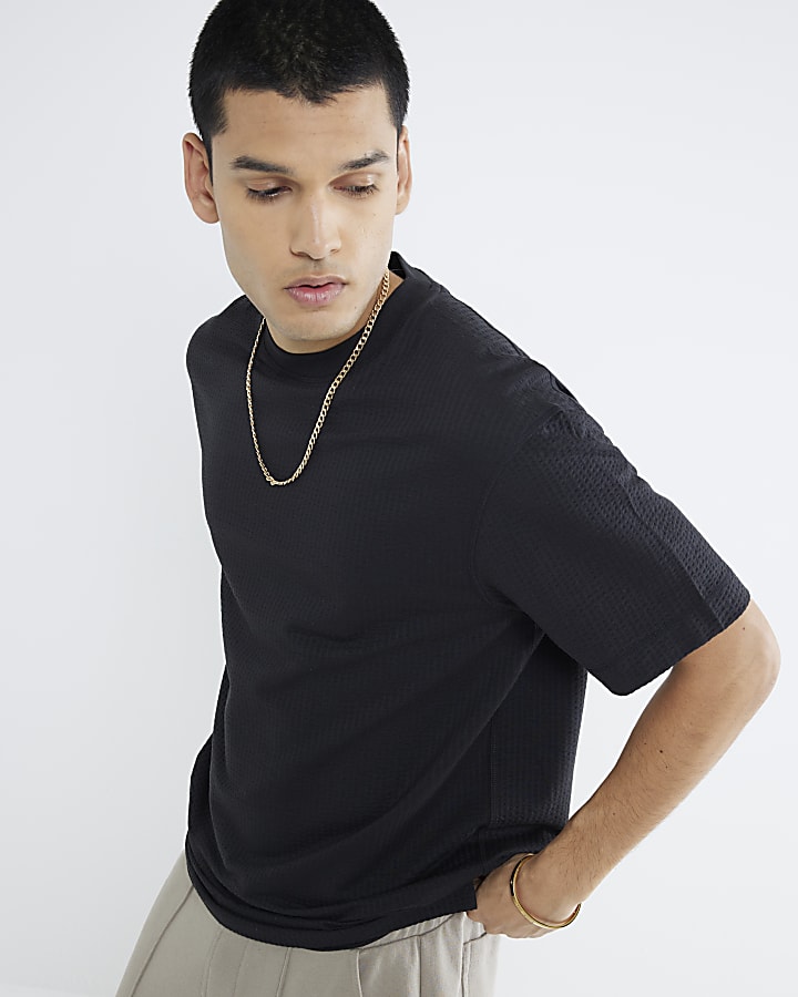 Black Regular Fit Seersucker T-Shirt