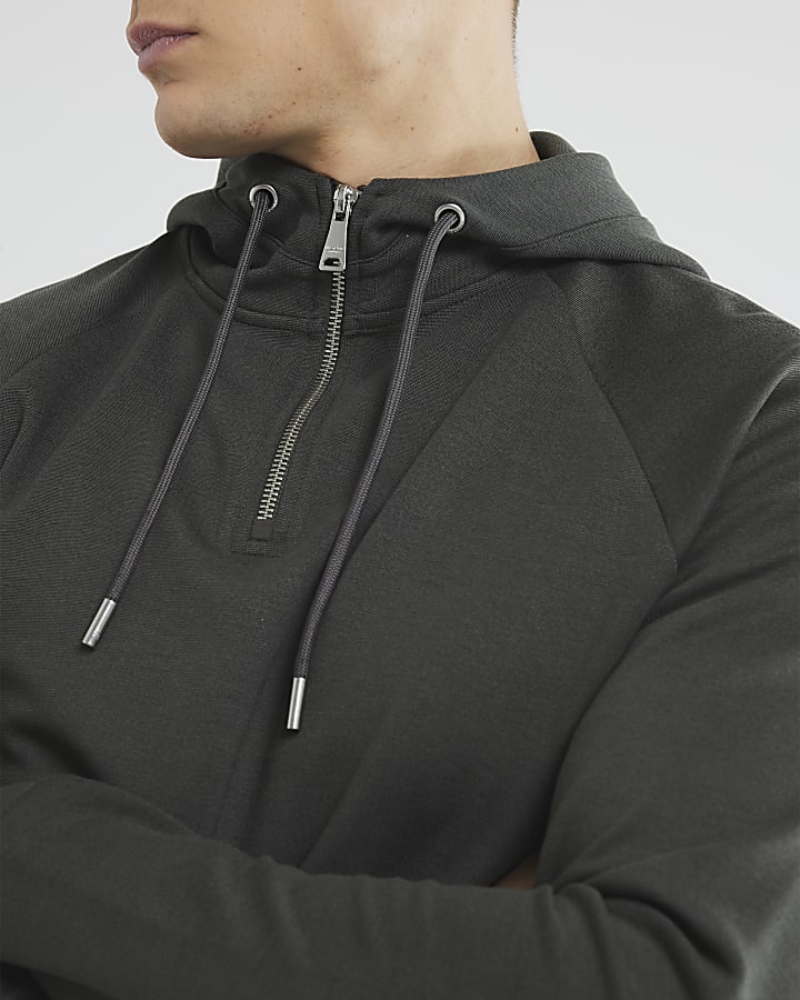 Green Slim Fit Long Sleeve Quarter Zip Hoodie