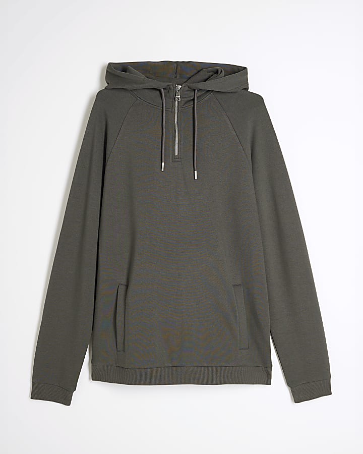 Green Slim Fit Long Sleeve Quarter Zip Hoodie