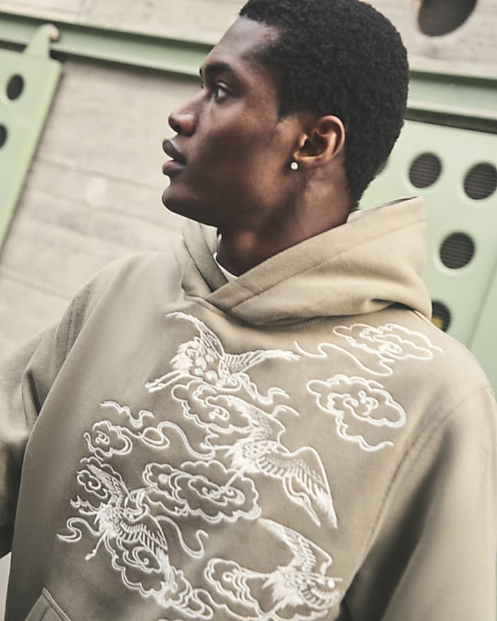 Khaki Regular Fit Crane Embroidery Hoodie