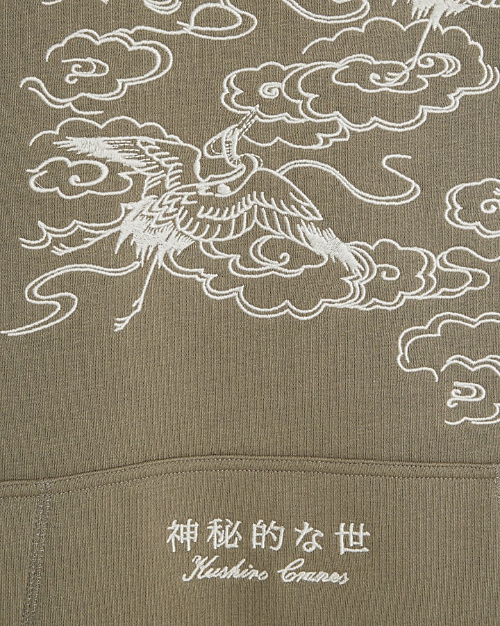 Khaki Regular Fit Crane Embroidery Hoodie