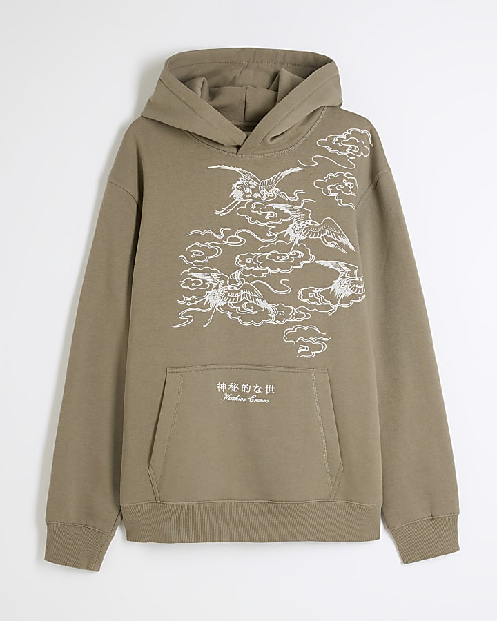 Khaki Regular Fit Crane Embroidery Hoodie